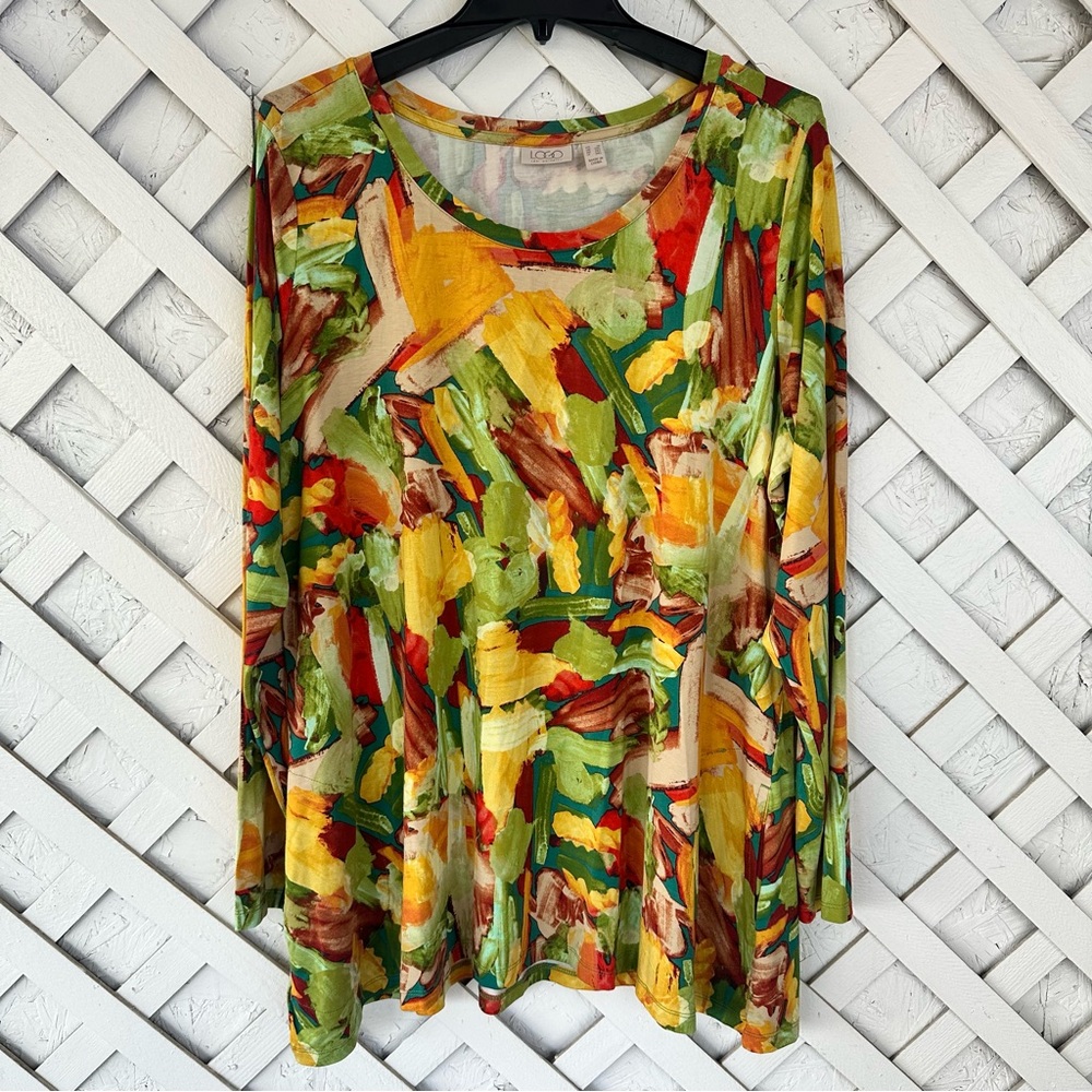Logo by Lori Goldstein Colorful Abstract Long Sleeve Tunic Top 1X